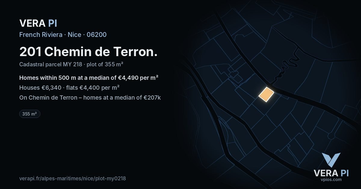 201 Chemin de Terron, Nice at night – the plot lit, the parcels around coloured by the prices near them