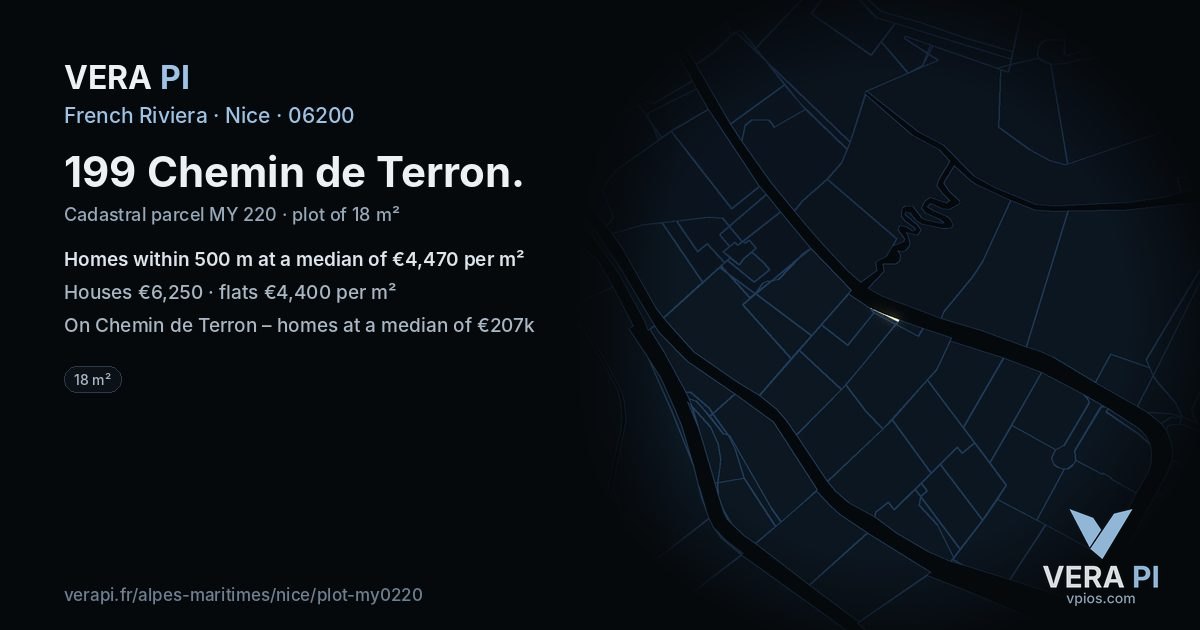 199 Chemin de Terron, Nice at night – the plot lit, the parcels around coloured by the prices near them