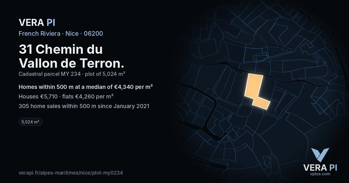31 Chemin du Vallon de Terron, Nice at night – the plot lit, the parcels around coloured by the prices near them