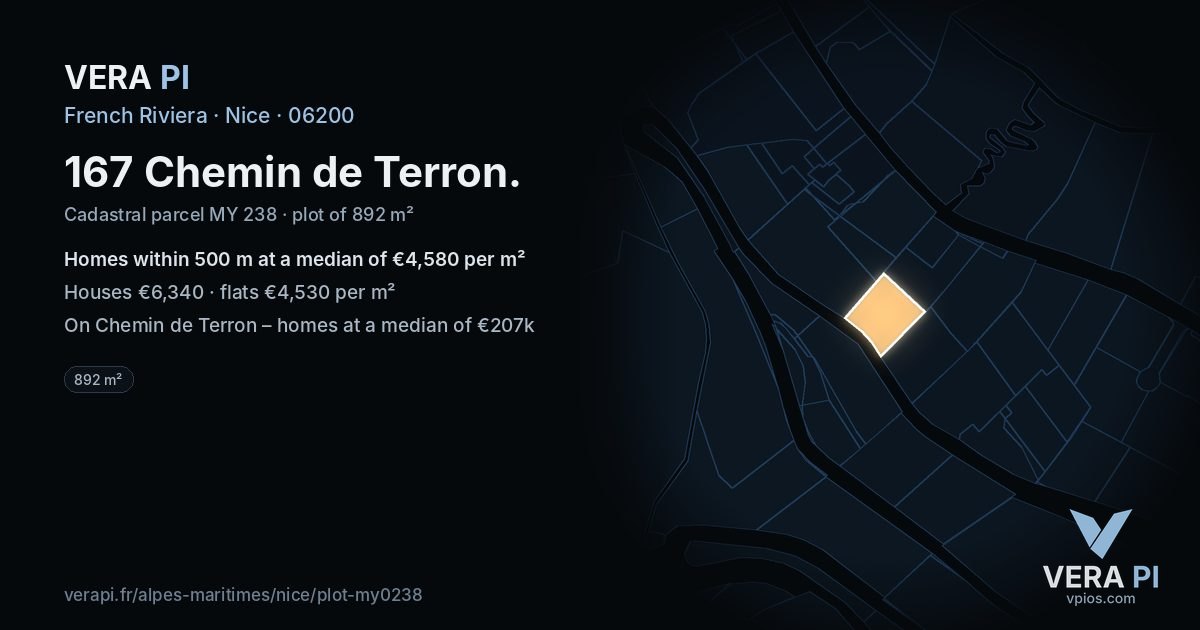 167 Chemin de Terron, Nice at night – the plot lit, the parcels around coloured by the prices near them