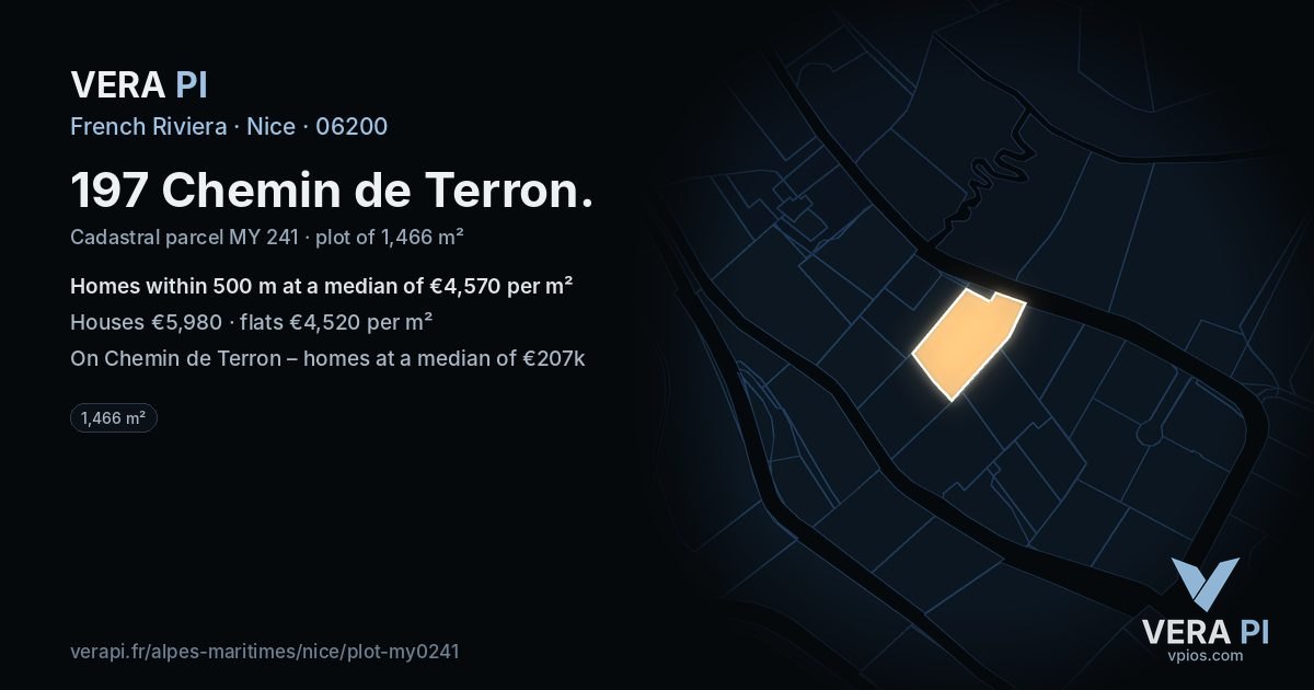 197 Chemin de Terron, Nice at night – the plot lit, the parcels around coloured by the prices near them