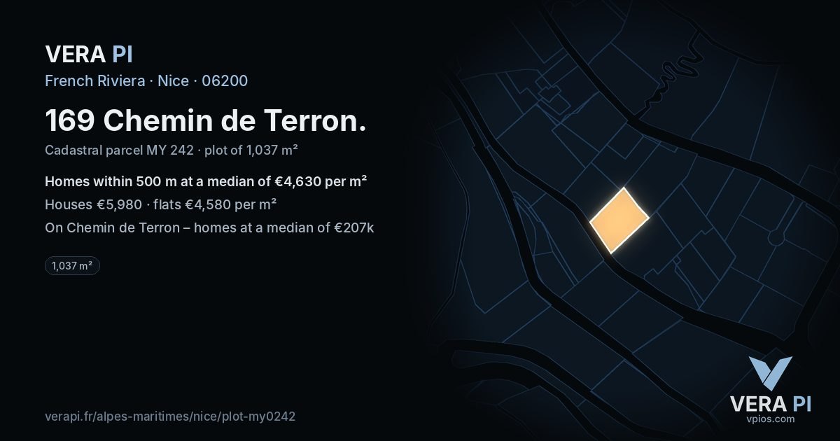 169 Chemin de Terron, Nice at night – the plot lit, the parcels around coloured by the prices near them