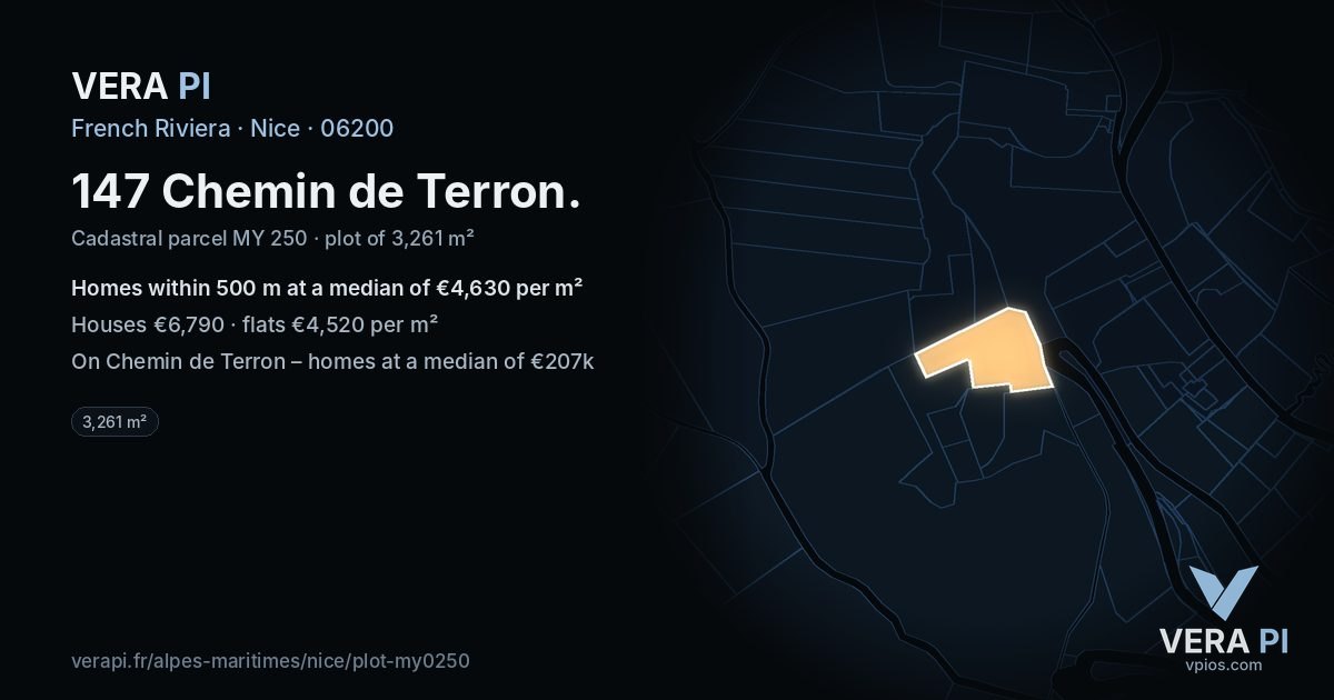 147 Chemin de Terron, Nice at night – the plot lit, the parcels around coloured by the prices near them