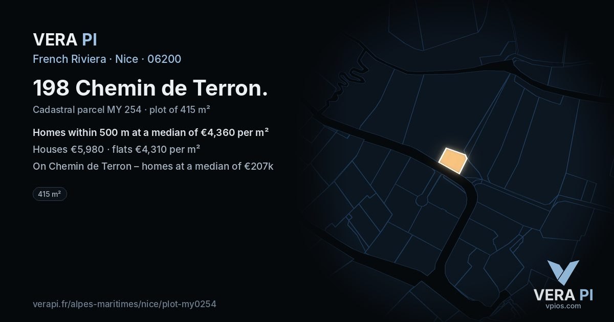 198 Chemin de Terron, Nice at night – the plot lit, the parcels around coloured by the prices near them