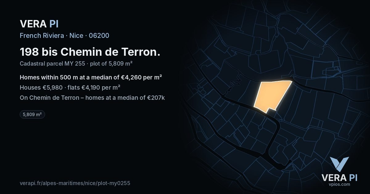 198 bis Chemin de Terron, Nice at night – the plot lit, the parcels around coloured by the prices near them