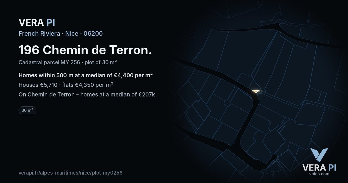 196 Chemin de Terron, Nice at night – the plot lit, the parcels around coloured by the prices near them