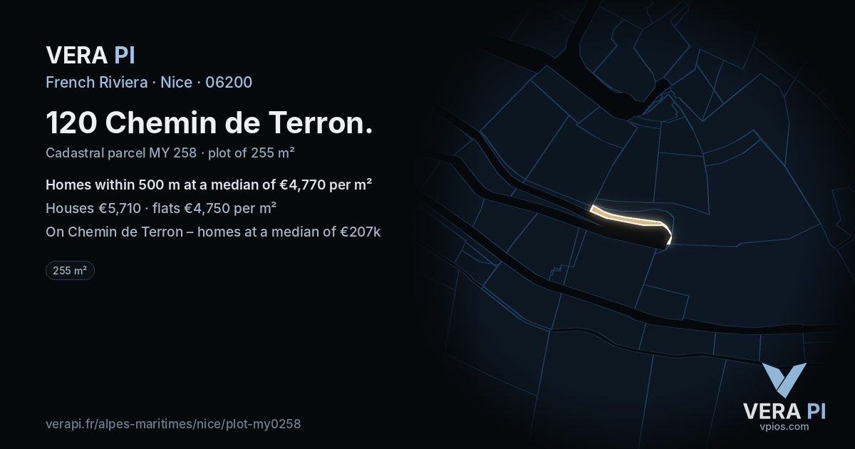 120 Chemin de Terron, Nice at night – the plot lit, the parcels around coloured by the prices near them