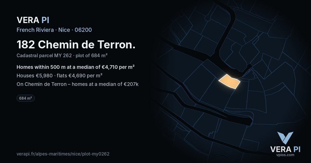182 Chemin de Terron, Nice at night – the plot lit, the parcels around coloured by the prices near them