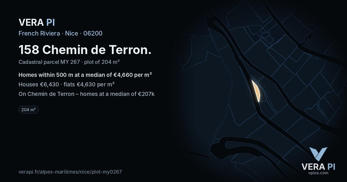 158 Chemin de Terron, Nice at night – the plot lit, the parcels around coloured by the prices near them