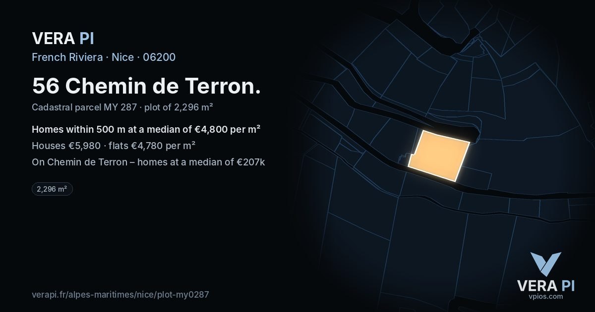 56 Chemin de Terron, Nice at night – the plot lit, the parcels around coloured by the prices near them