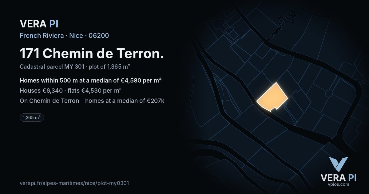171 Chemin de Terron, Nice at night – the plot lit, the parcels around coloured by the prices near them