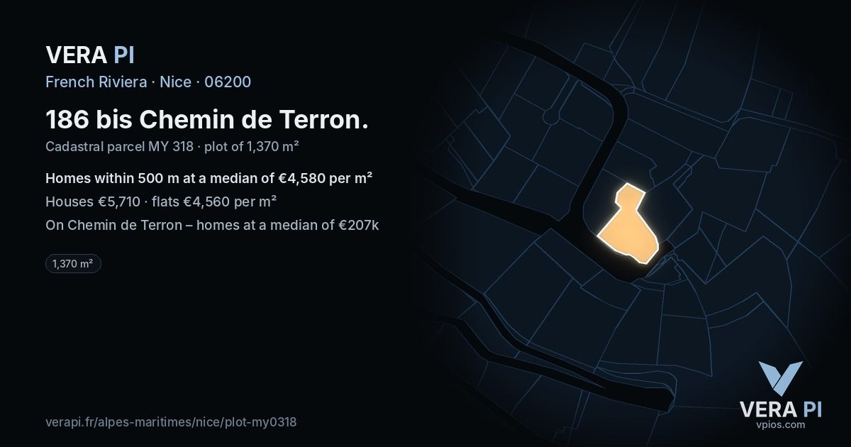 186 bis Chemin de Terron, Nice at night – the plot lit, the parcels around coloured by the prices near them