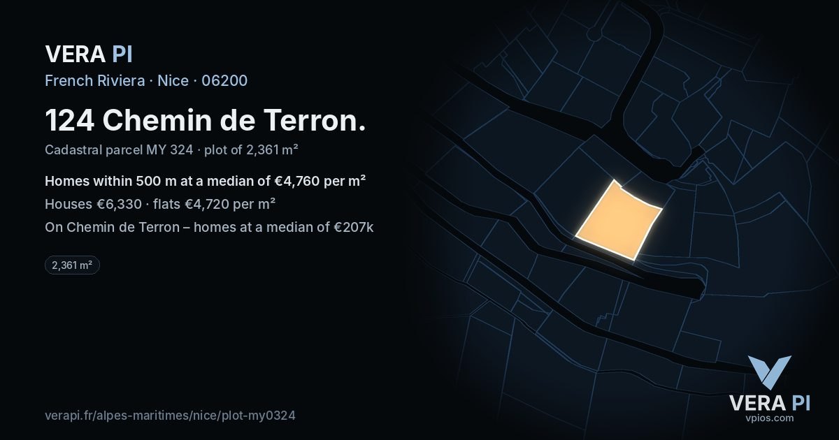 124 Chemin de Terron, Nice at night – the plot lit, the parcels around coloured by the prices near them