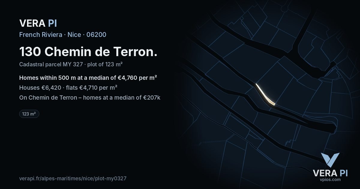 130 Chemin de Terron, Nice at night – the plot lit, the parcels around coloured by the prices near them