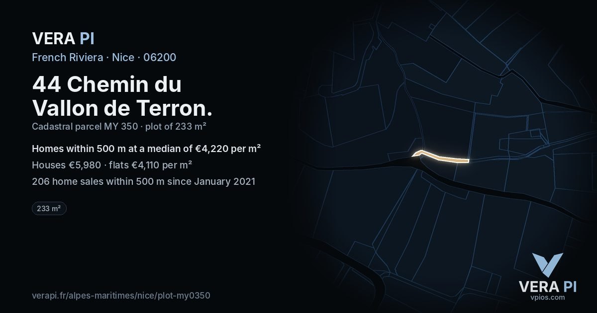 44 Chemin du Vallon de Terron, Nice at night – the plot lit, the parcels around coloured by the prices near them