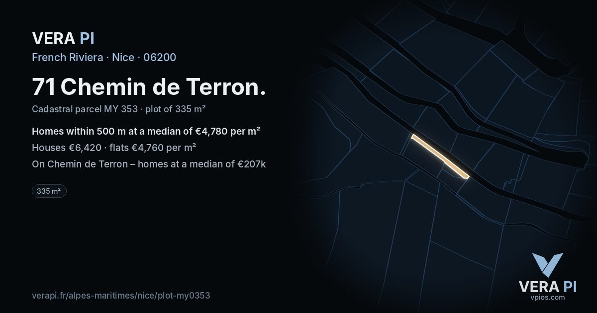 71 Chemin de Terron, Nice at night – the plot lit, the parcels around coloured by the prices near them