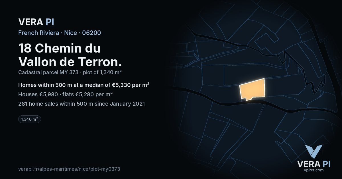 18 Chemin du Vallon de Terron, Nice at night – the plot lit, the parcels around coloured by the prices near them