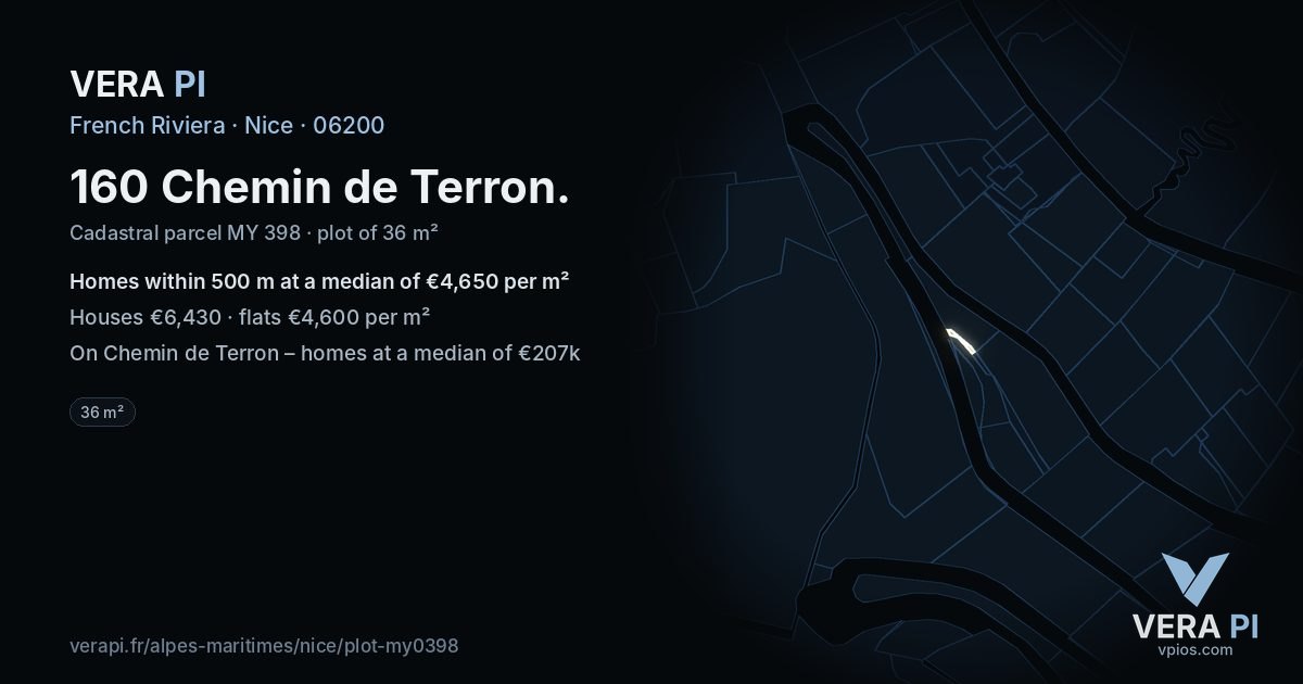 160 Chemin de Terron, Nice at night – the plot lit, the parcels around coloured by the prices near them