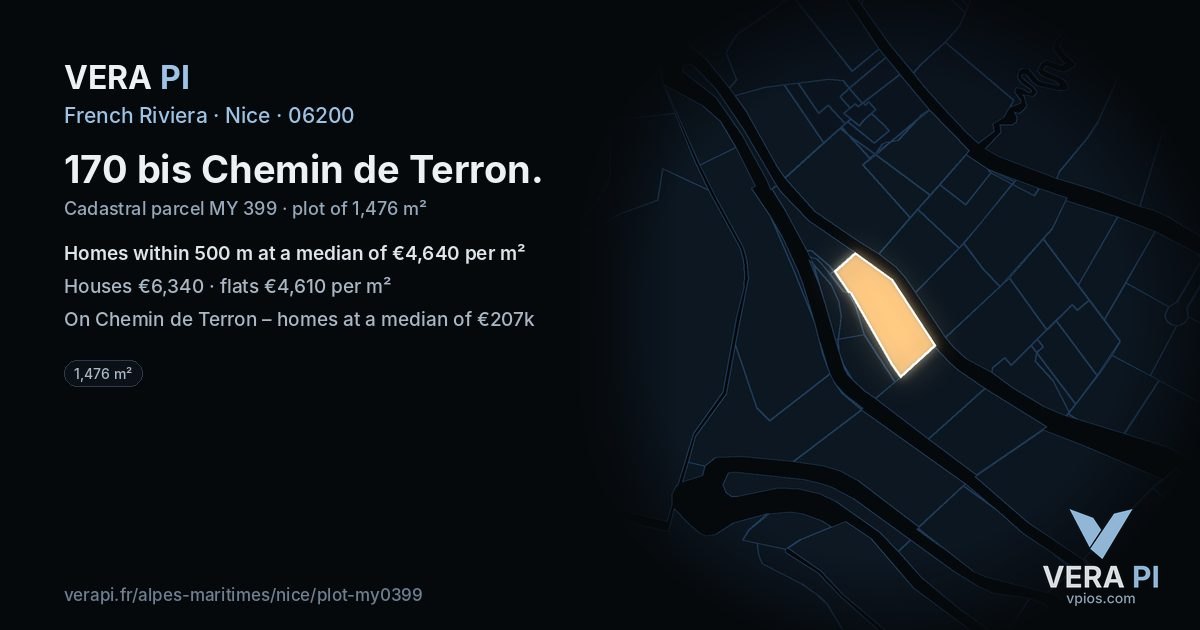 170 bis Chemin de Terron, Nice at night – the plot lit, the parcels around coloured by the prices near them