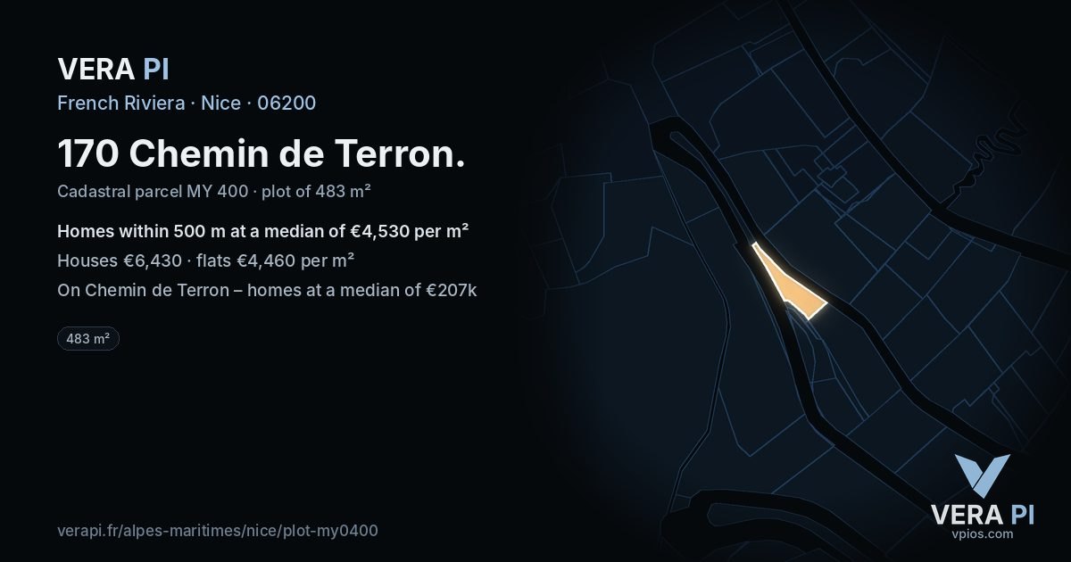 170 Chemin de Terron, Nice at night – the plot lit, the parcels around coloured by the prices near them