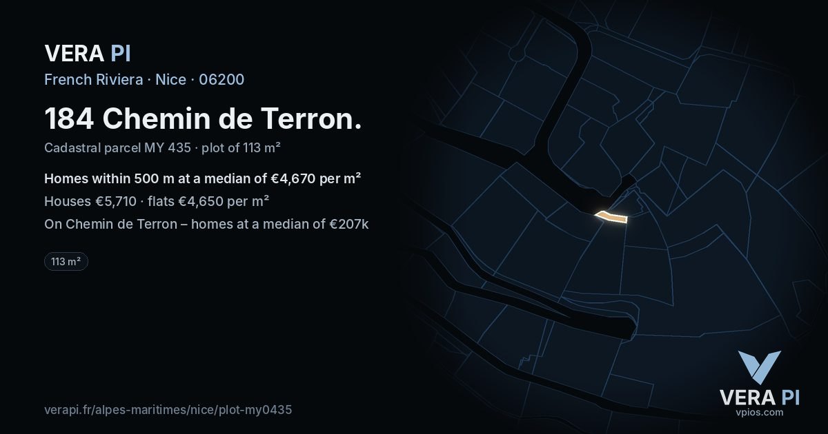 184 Chemin de Terron, Nice at night – the plot lit, the parcels around coloured by the prices near them