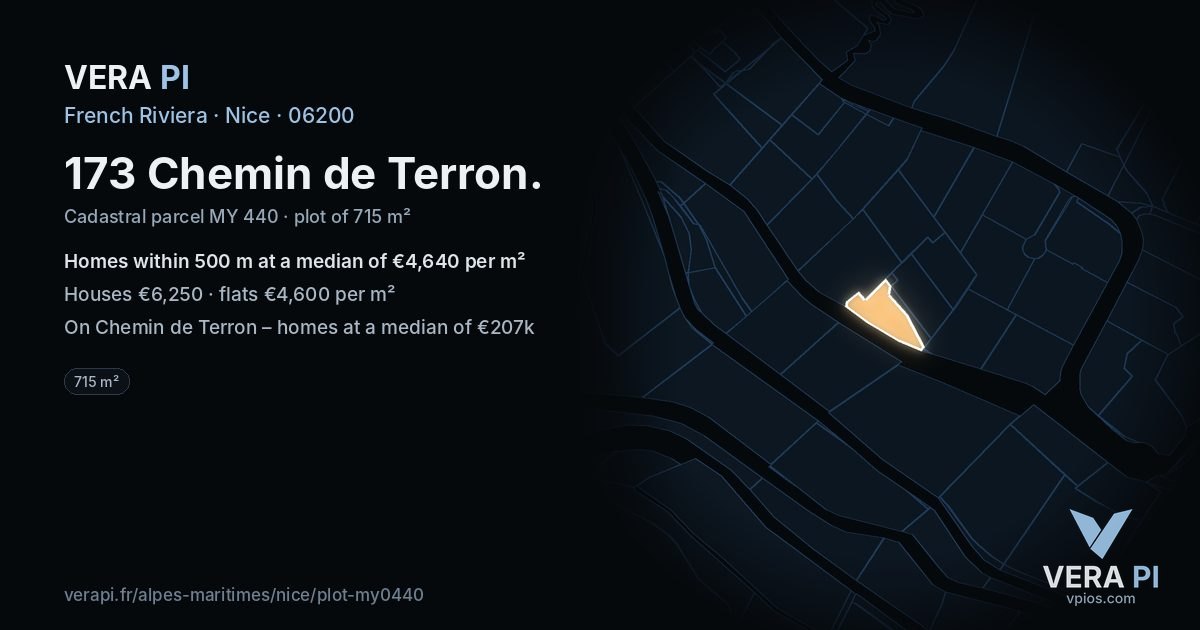 173 Chemin de Terron, Nice at night – the plot lit, the parcels around coloured by the prices near them