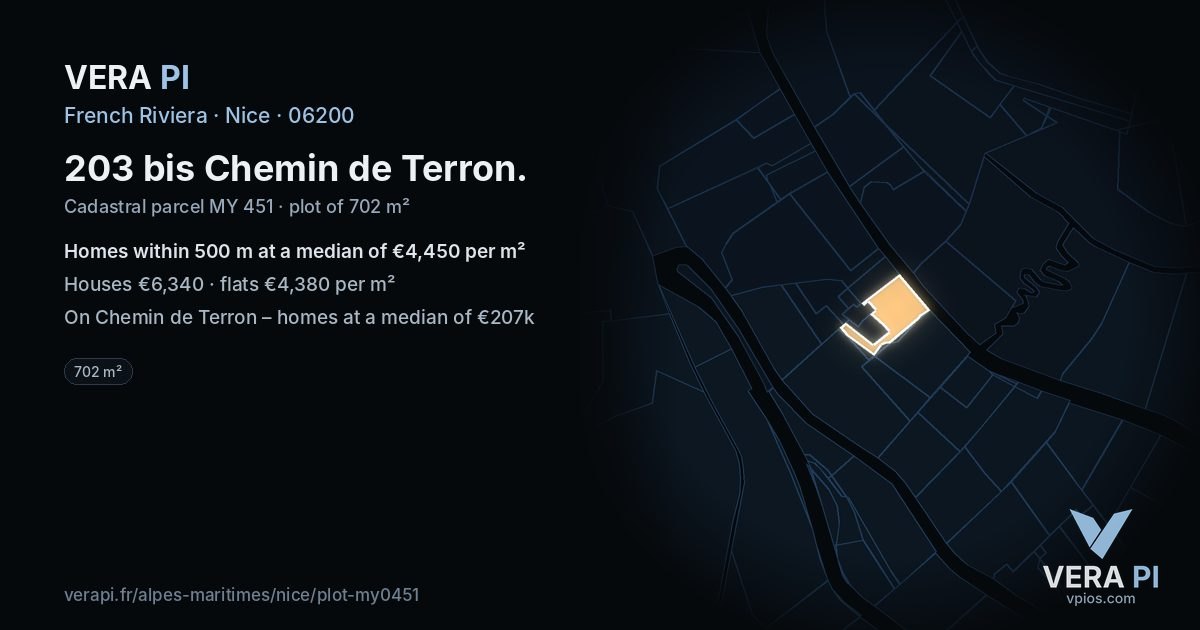 203 bis Chemin de Terron, Nice at night – the plot lit, the parcels around coloured by the prices near them