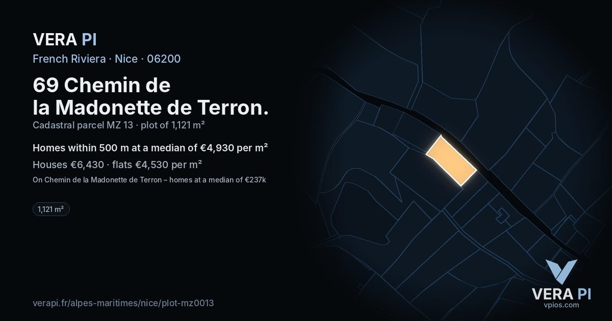 69 Chemin de la Madonette de Terron, Nice at night – the plot lit, the parcels around coloured by the prices near them