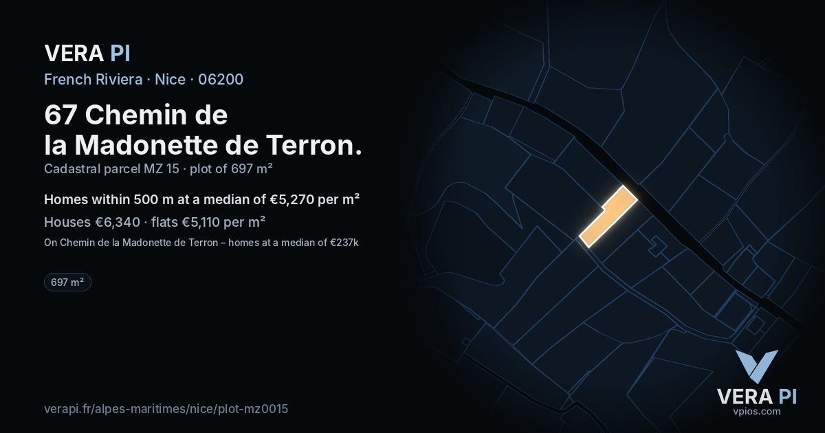 67 Chemin de la Madonette de Terron, Nice at night – the plot lit, the parcels around coloured by the prices near them