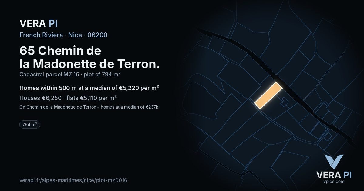 65 Chemin de la Madonette de Terron, Nice at night – the plot lit, the parcels around coloured by the prices near them