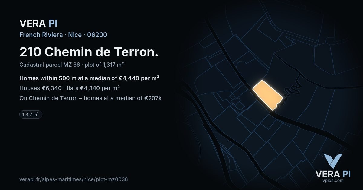 210 Chemin de Terron, Nice at night – the plot lit, the parcels around coloured by the prices near them
