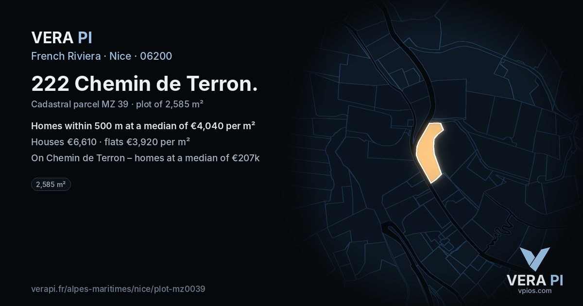 222 Chemin de Terron, Nice at night – the plot lit, the parcels around coloured by the prices near them
