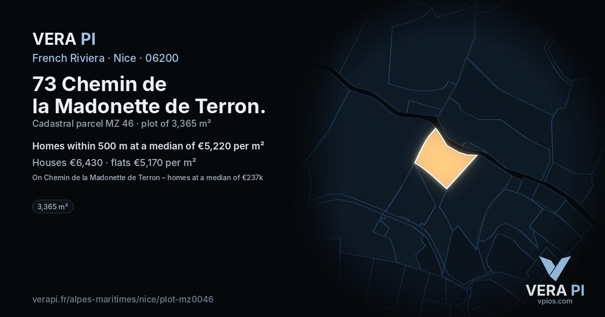 73 Chemin de la Madonette de Terron, Nice at night – the plot lit, the parcels around coloured by the prices near them