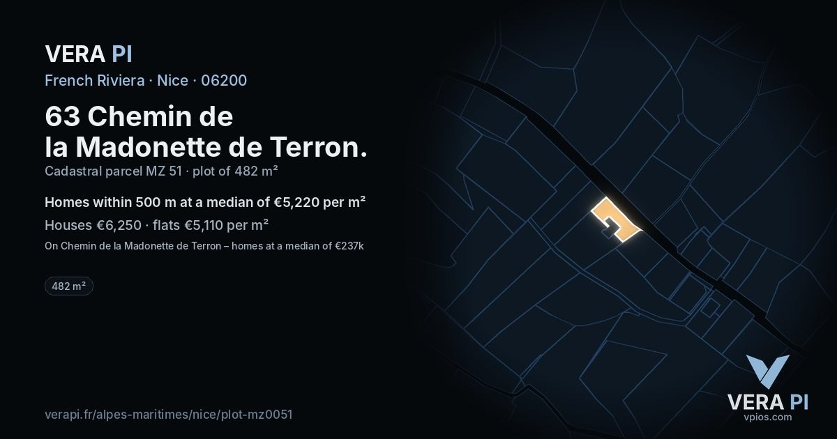 63 Chemin de la Madonette de Terron, Nice at night – the plot lit, the parcels around coloured by the prices near them
