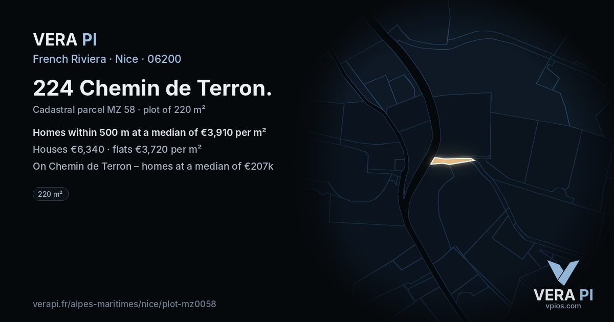 224 Chemin de Terron, Nice at night – the plot lit, the parcels around coloured by the prices near them