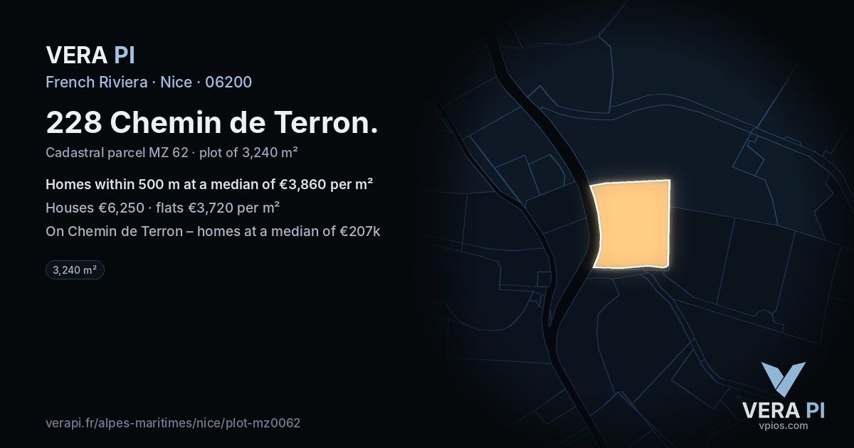 228 Chemin de Terron, Nice at night – the plot lit, the parcels around coloured by the prices near them