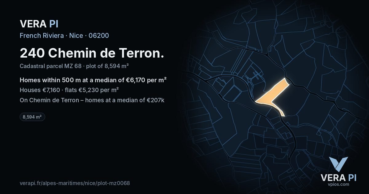 240 Chemin de Terron, Nice at night – the plot lit, the parcels around coloured by the prices near them