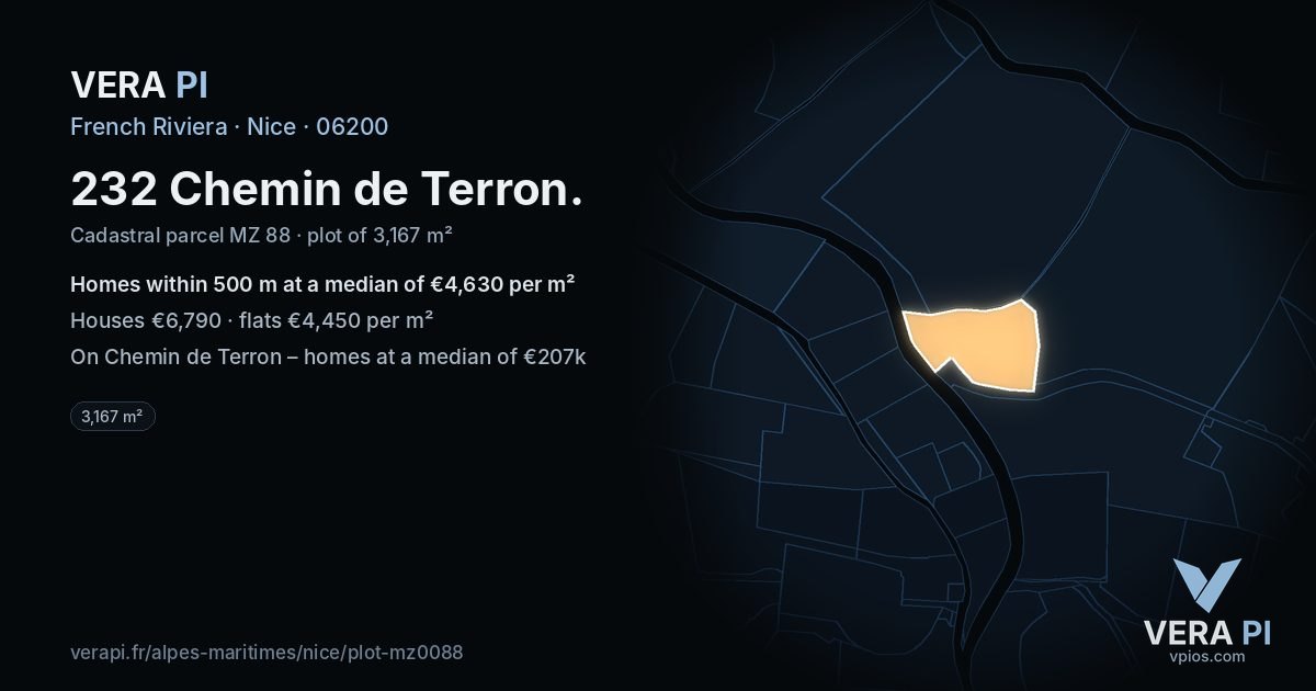 232 Chemin de Terron, Nice at night – the plot lit, the parcels around coloured by the prices near them