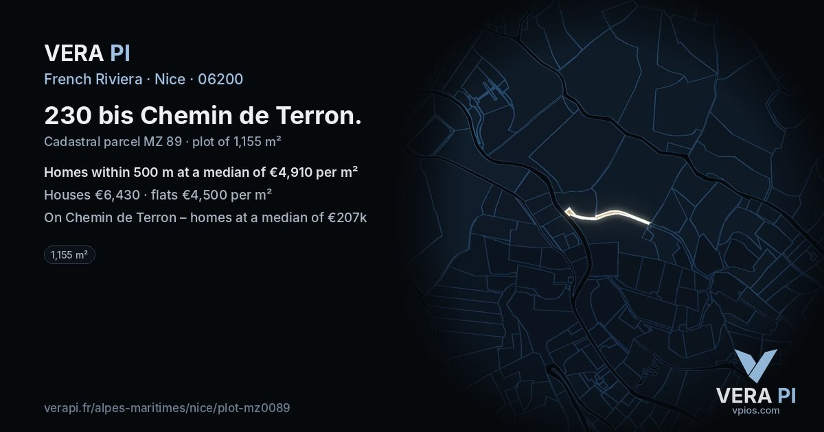 230 bis Chemin de Terron, Nice at night – the plot lit, the parcels around coloured by the prices near them