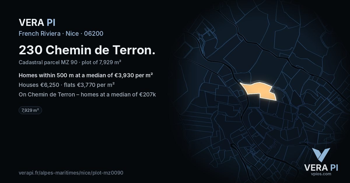 230 Chemin de Terron, Nice at night – the plot lit, the parcels around coloured by the prices near them