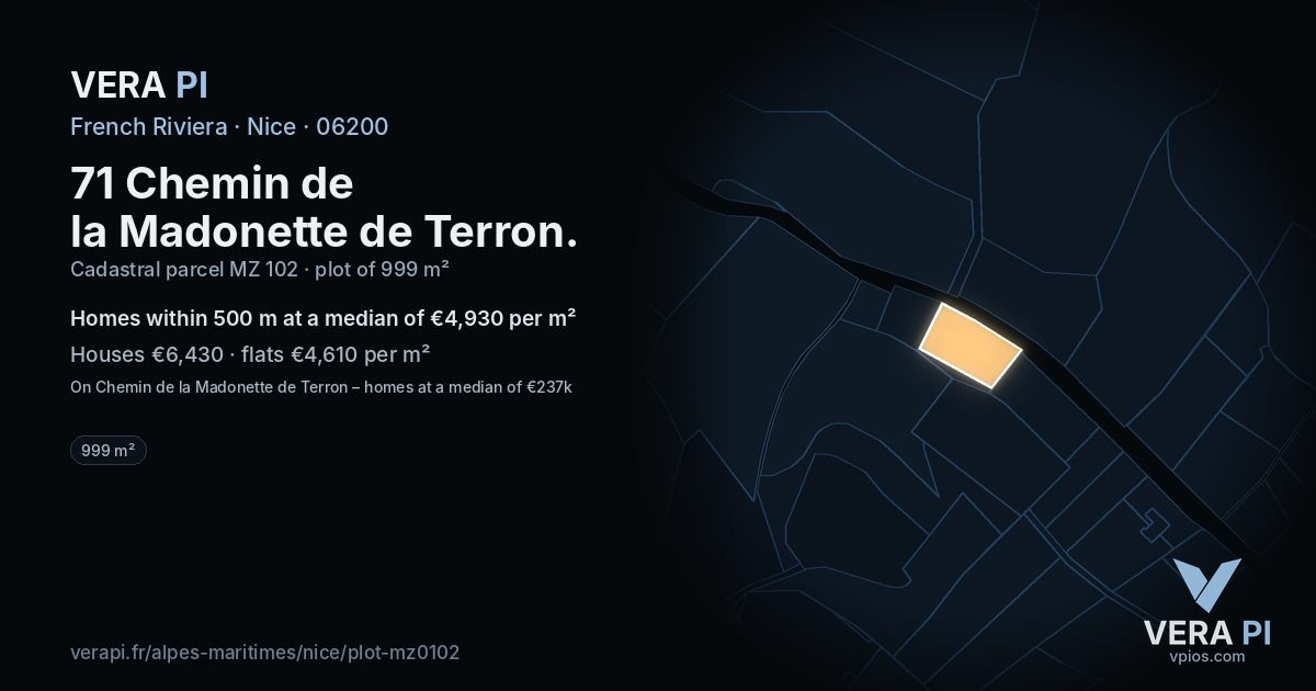 71 Chemin de la Madonette de Terron, Nice at night – the plot lit, the parcels around coloured by the prices near them