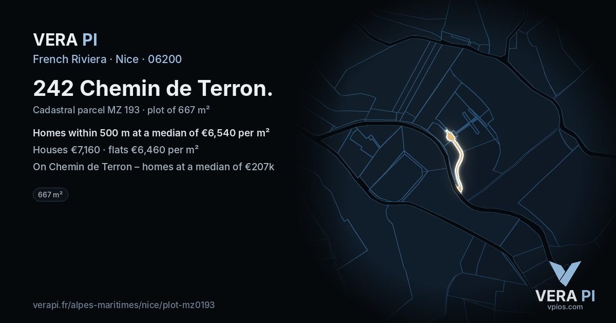 242 Chemin de Terron, Nice at night – the plot lit, the parcels around coloured by the prices near them