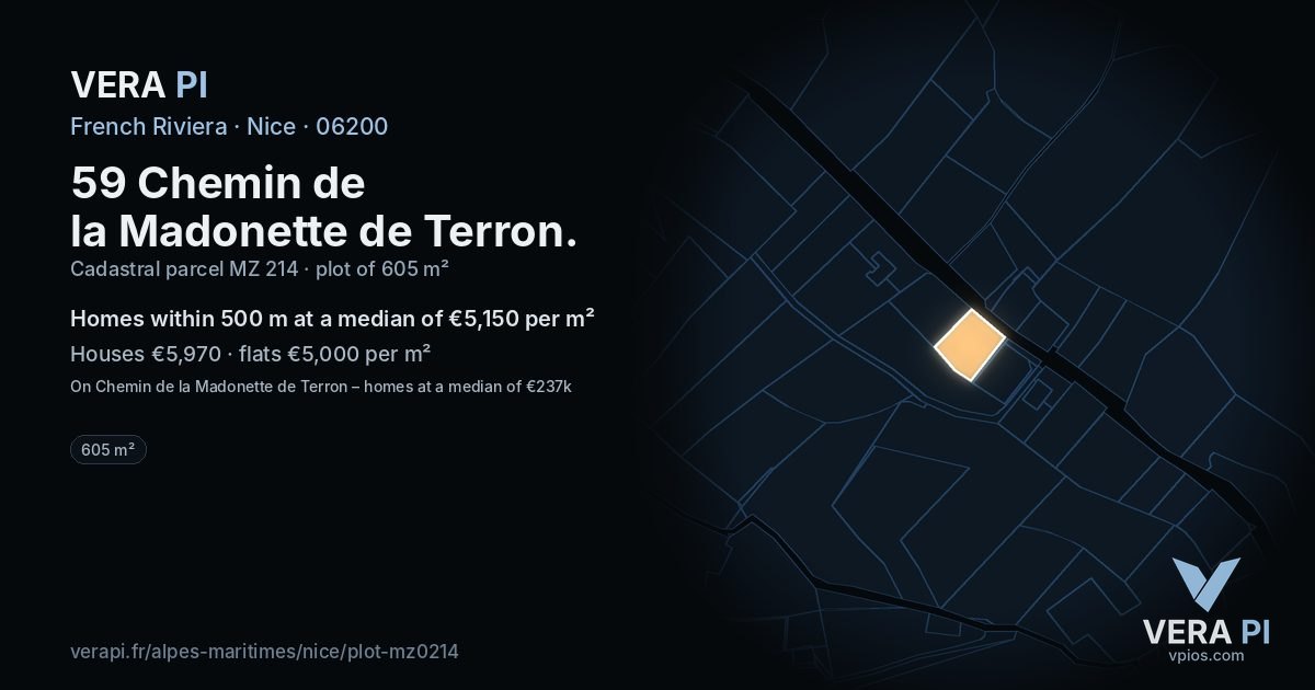 59 Chemin de la Madonette de Terron, Nice at night – the plot lit, the parcels around coloured by the prices near them