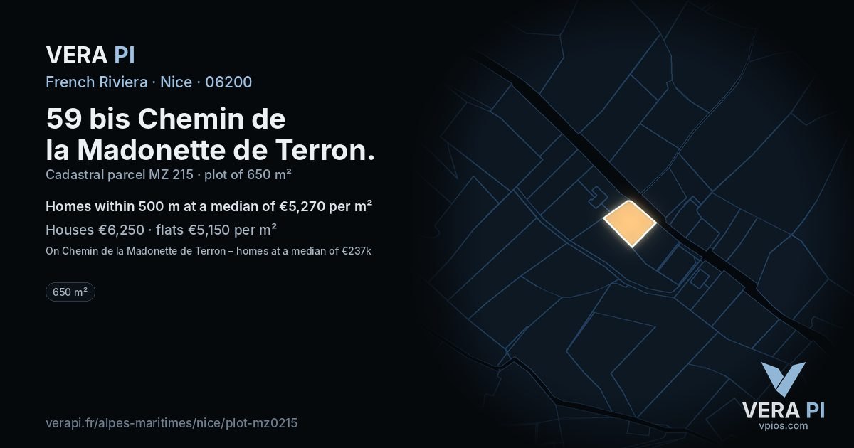 59 bis Chemin de la Madonette de Terron, Nice at night – the plot lit, the parcels around coloured by the prices near them