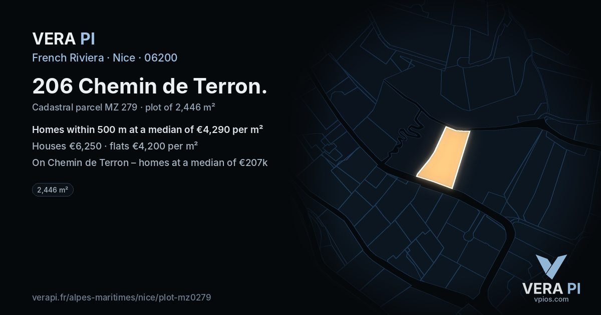 206 Chemin de Terron, Nice at night – the plot lit, the parcels around coloured by the prices near them