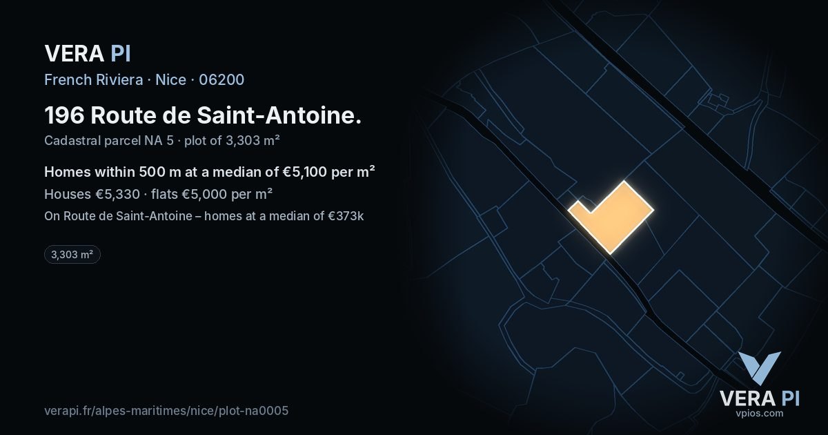 196 Route de Saint-Antoine, Nice at night – the plot lit, the parcels around coloured by the prices near them
