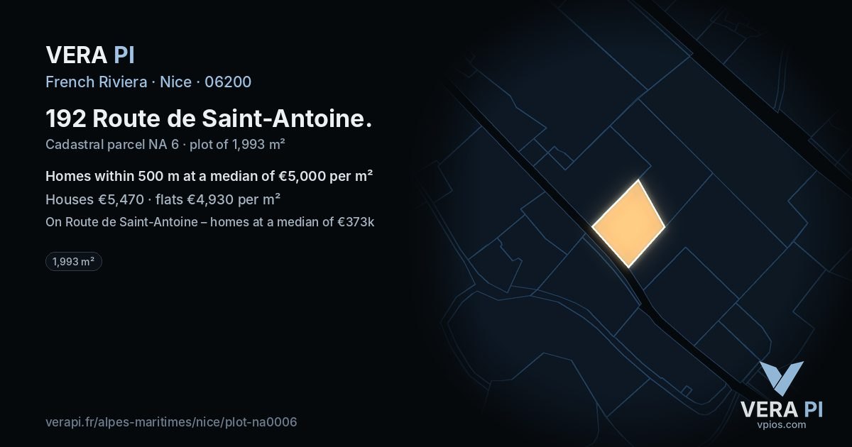 192 Route de Saint-Antoine, Nice at night – the plot lit, the parcels around coloured by the prices near them