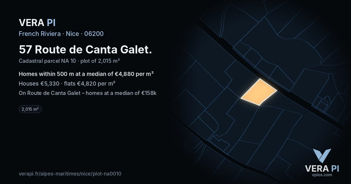 57 Route de Canta Galet, Nice at night – the plot lit, the parcels around coloured by the prices near them