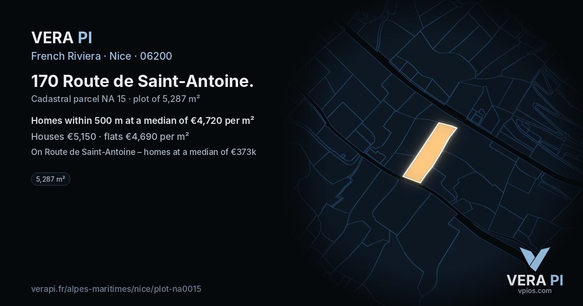170 Route de Saint-Antoine, Nice at night – the plot lit, the parcels around coloured by the prices near them