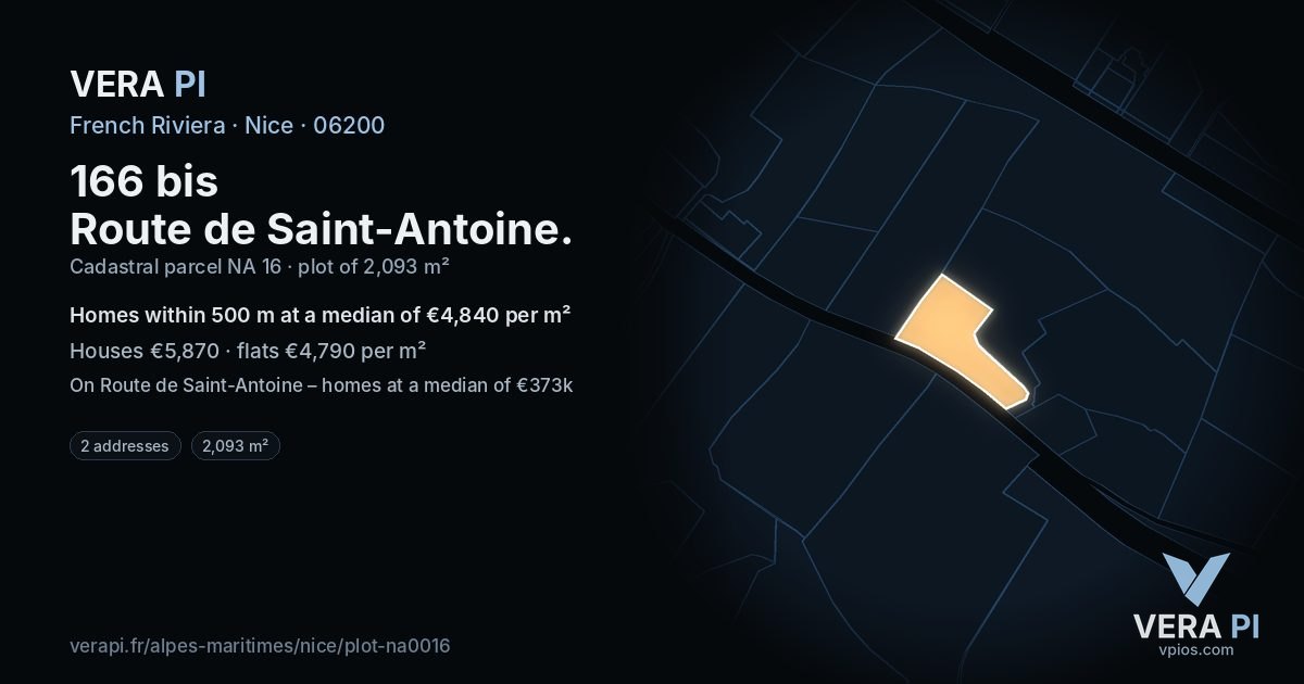 166 bis Route de Saint-Antoine, Nice at night – the plot lit, the parcels around coloured by the prices near them